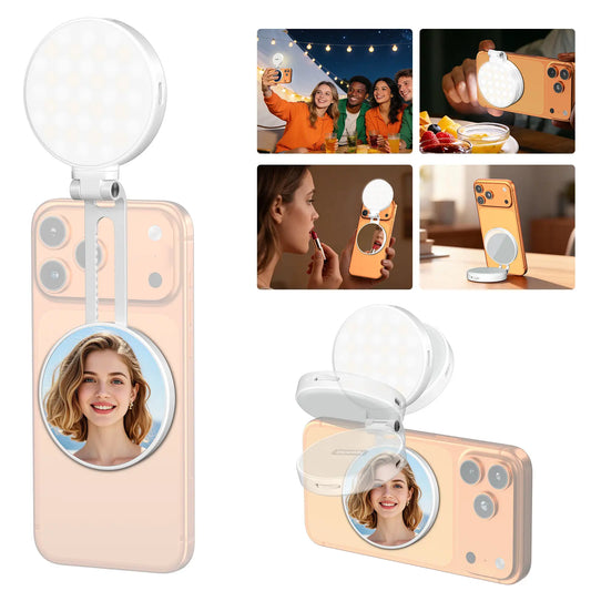 Newmowa 3-In-1 Magnetic Mirror Selfie Light – 360° LED Ring Light with Magsafe, Mirror and Phone Stand, Portable Rechargeable Fill Light, 3 Color Temperatures for Makeup, Live Streaming, Video Calls, Gift, Compatible with Iphone 17 #Summervibes